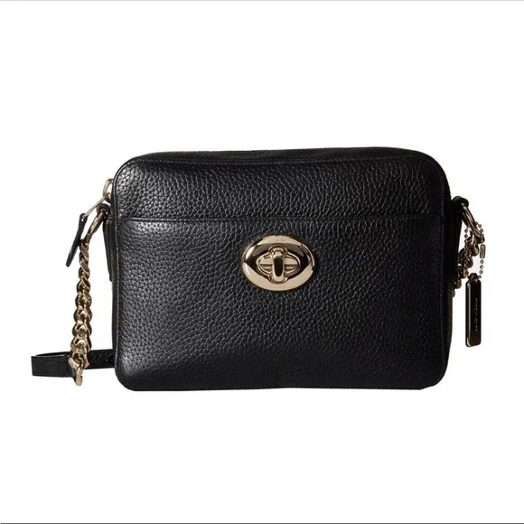 Coach Turn Lock Black Pebbled Leather Crossbody Shoulder Camera Bag - Picture 1 of 17
